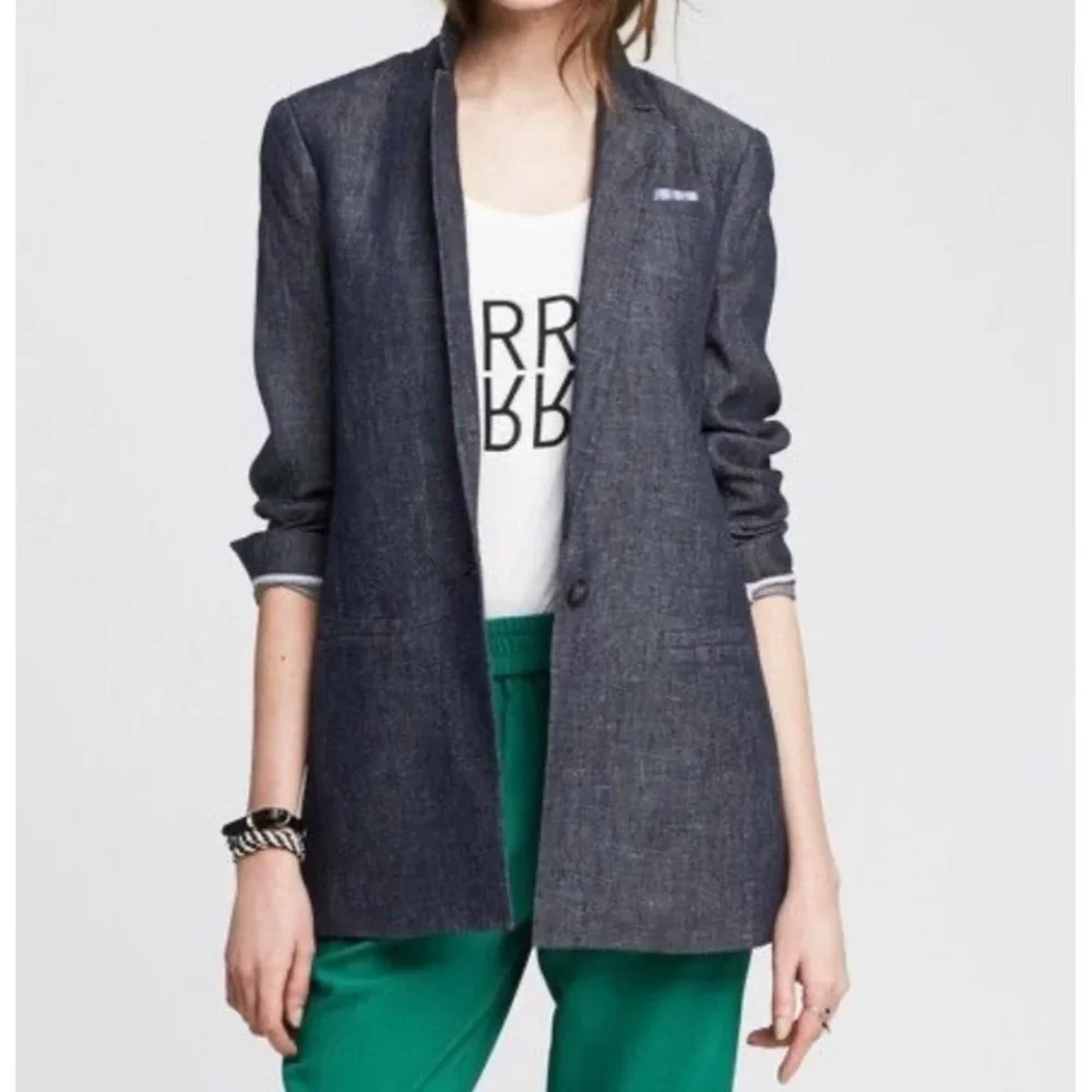 BANANA REPUBLIC Womens Chambray 100% Linen Boyfriend Blazer Size 6 Blue - Picture 1 of 7